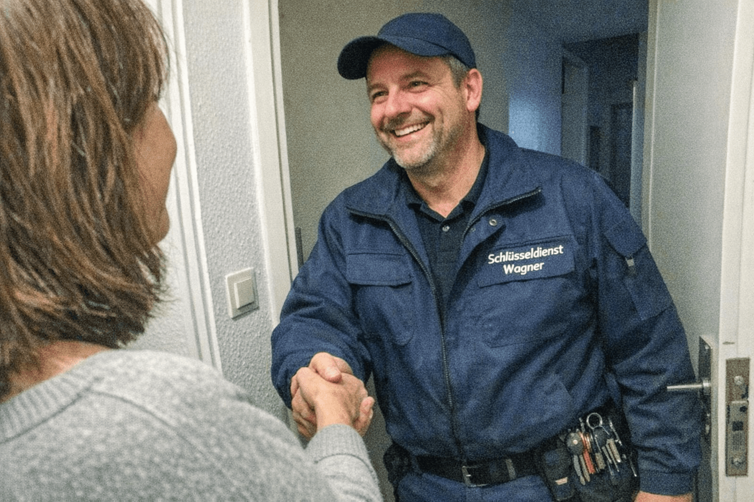 Freundlicher Monteur begrüßt Kunden mit Handschlag